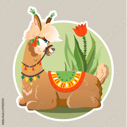Illustration with llama and cactus plants. Vector seamless pattern on botanical background. Greeting card with Alpaca.