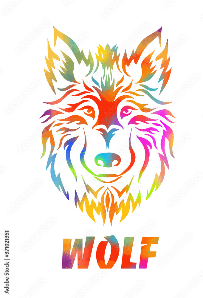Wolf face logo emblem template mascot symbol for business or shirt design. T-shirt print. Dog sign. Mixed media.Vector Vintage Design Element.