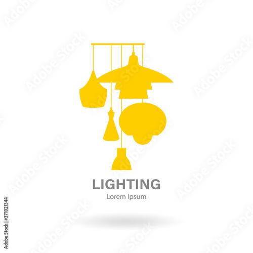 Logo with chandeliers for the store with a modern design. Vector illustration with various silhouettes of light bulbs. Lighting store. Home decor for interior decoration.