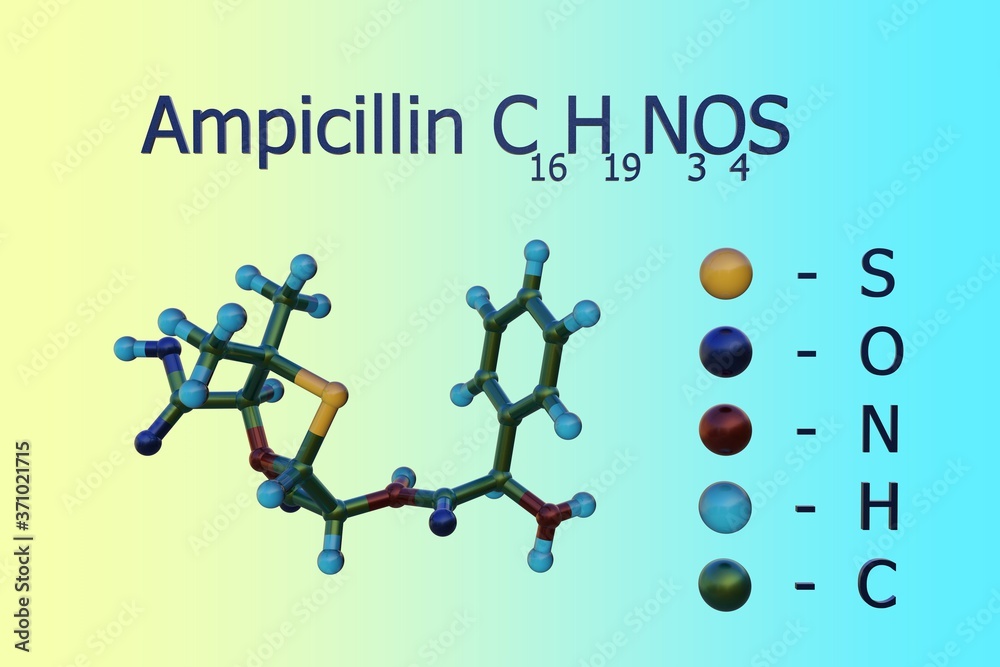Structural chemical formula and molecular model of ampicillin, a broad