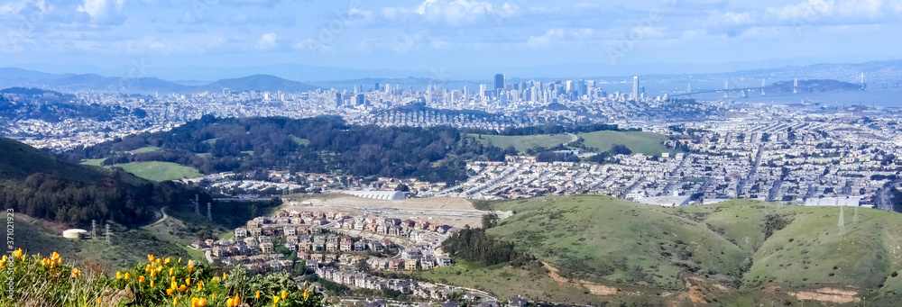 San Francisco Panoramic Views as seen from San Bruno Mountain Top. San Bruno Mountain State Park, San Mateo County, California, USA.