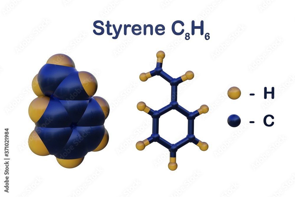 Structural chemical formula and molecular model of styrene, an organic