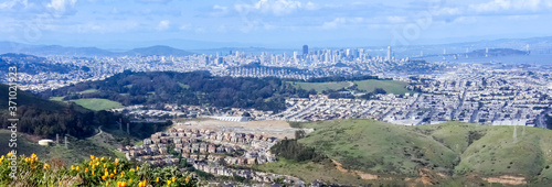 San Francisco Panoramic Views as seen from San Bruno Mountain Top. San Bruno Mountain State Park, San Mateo County, California, USA.