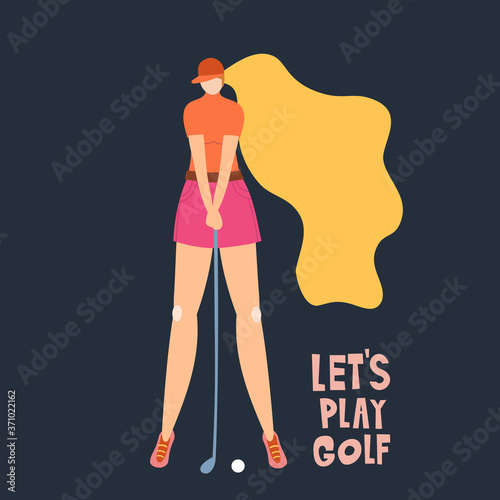 Professional Woman golfer hits the ball with a club. Vector flat hand drawn illustration. Female athlete playing golf. Girl in sport. T-shirt design. Sportswomen training outdoor. Cartoon character.