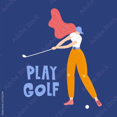 Professional Woman golfer hits the ball with a club. Vector flat hand drawn illustration. Female athlete playing golf. Girl in sport. T-shirt design. Sportswomen training outdoor. Cartoon character.