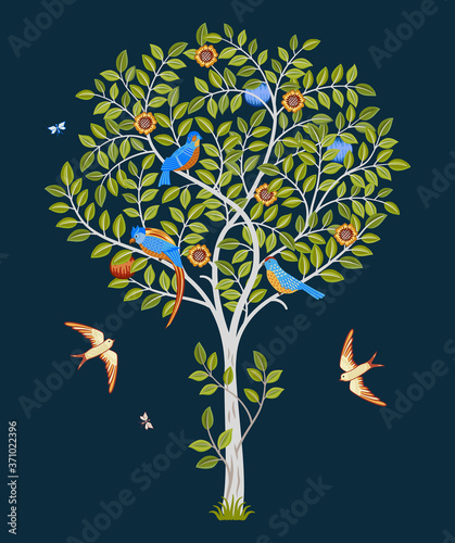 Abstract magic tree with birds. Color vector illustration