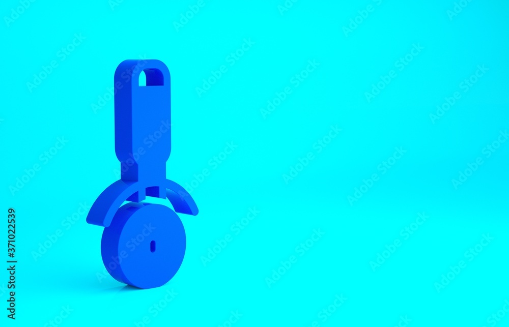 Blue Pizza knife icon isolated on blue background. Pizza cutter sign. Steel kitchenware equipment. Minimalism concept. 3d illustration 3D render. Blue Pizza knife icon isolated on blue background. Pizza cutter sign. Steel kitchenware equipment. Minimalism concept. 3d illustration 3D render.