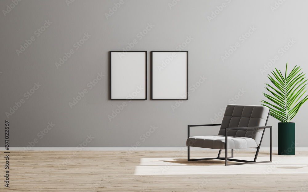 Two blank empty vertical frame mock up in empty room with gray armchair and green plant, empty gray wall and wooden floor, gray room interior background, scandinavian style, 3d render Two blank empty vertical frame mock up in empty room with gray armchair and green plant, empty gray wall and wooden floor, gray room interior background, scandinavian style, 3d render
