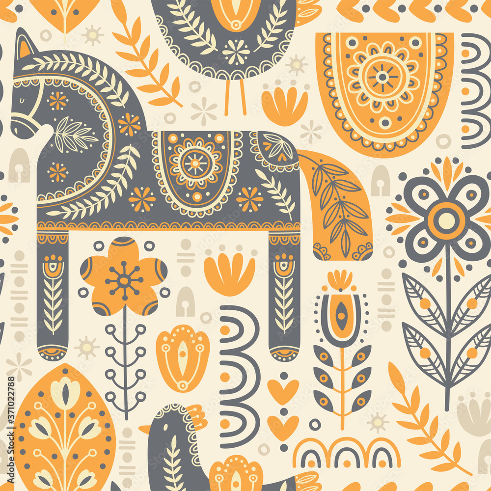 © monamonash - Seamless pattern in scandinavian style with horse and bird, tree, flowers, leaves, branches. Folk art. Vector nordic background with floral ornaments and animal illustrations. Home decorations.