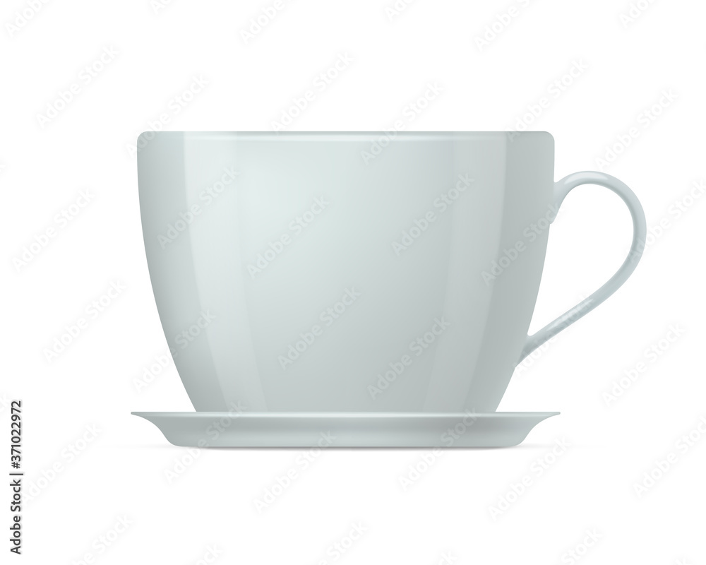 Realistic white coffee cup and saucer. Side view of white ceramic, porcelain cup. Mockup template for cafe, restaurant branding identity or your design vector illustration isolated on white Realistic white coffee cup and saucer. Side view of white ceramic, porcelain cup. Mockup template for cafe, restaurant branding identity or your design vector illustration isolated on white