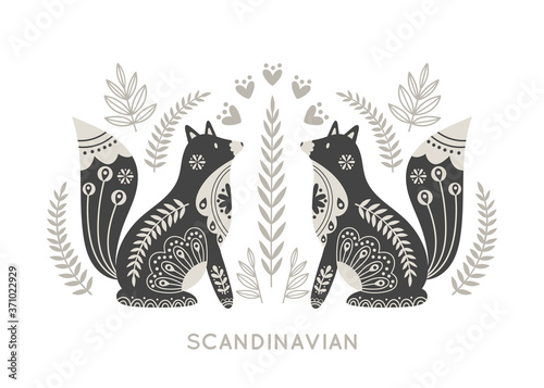 Illustration in scandinavian style with fox and floral elements: flowers, leaves, branches. Folk art. Vector nordic background with ornaments. Home decorations. Black and white.