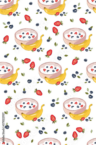 Abstract seamless pattern with yoghurt, banana and berries. Breakfast vector illustration. Good for recipe book, banner, paper, textile