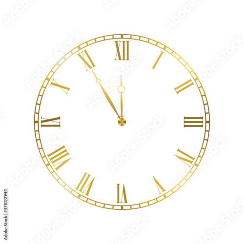 Golden elegant roman numerals clock. Luxury glossy golden clock face dial of round shape vector illustration isolated on white background