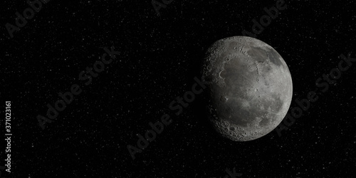 moon background. half a moon in a black starry sky. 3D illustration
