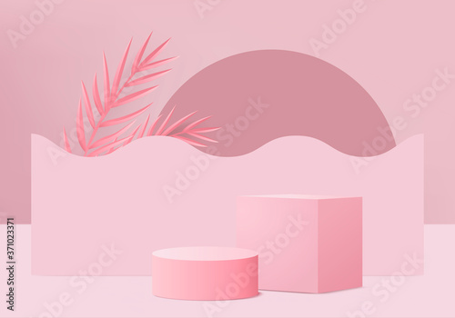 Cylinder abstract minimal scene with geometric platform. Summer background vector 3d rendering with podium. stand to show cosmetic products. Stage Showcase on pedestal modern 3d studio pink pastel