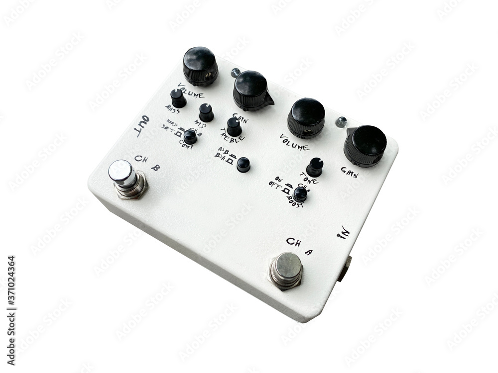 Isolated white overdrive dual-channel stompbox electric guitar effect for studio and stage performed on white background with clipping path. music concept. Isolated white overdrive dual-channel stompbox electric guitar effect for studio and stage performed on white background with clipping path. music concept.