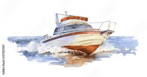 A speedboat (motorboat) at sea hand drawn in watercolor isolated on a white background. Watercolor illustration. Marine illustration