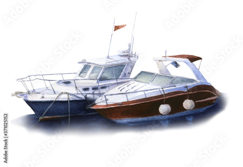 Two motorboats (speedboats) in the marina hand drawn in watercolor isolated on a white background. Watercolor illustration. Marine illustration