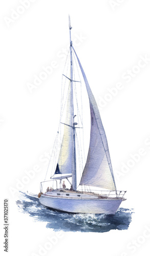 A yacht with sails set (sailboat) at sea hand drawn in watercolor isolated on a white background. Watercolor illustration. Marine illustration