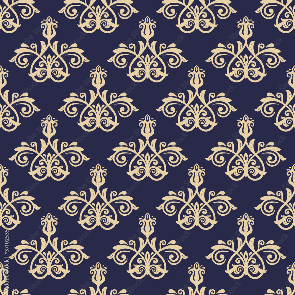 Classic seamless vector pattern. Dark blue and golden damask orient ornament. Classic vintage background. Orient ornament for fabric, wallpaper and packaging