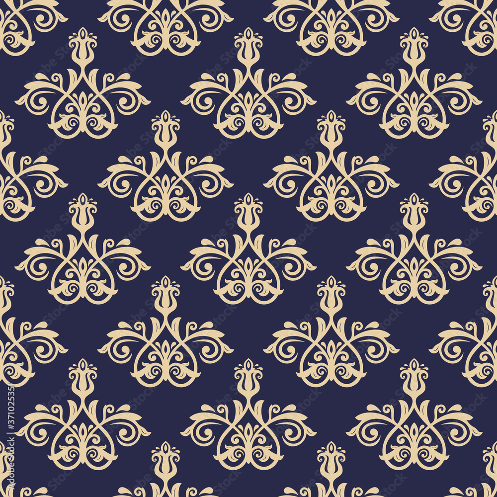 Classic seamless vector pattern. Dark blue and golden damask orient ornament. Classic vintage background. Orient ornament for fabric, wallpaper and packaging Classic seamless vector pattern. Dark blue and golden damask orient ornament. Classic vintage background. Orient ornament for fabric, wallpaper and packaging