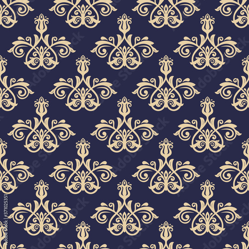 Classic seamless vector pattern. Dark blue and golden damask orient ornament. Classic vintage background. Orient ornament for fabric  wallpaper and packaging