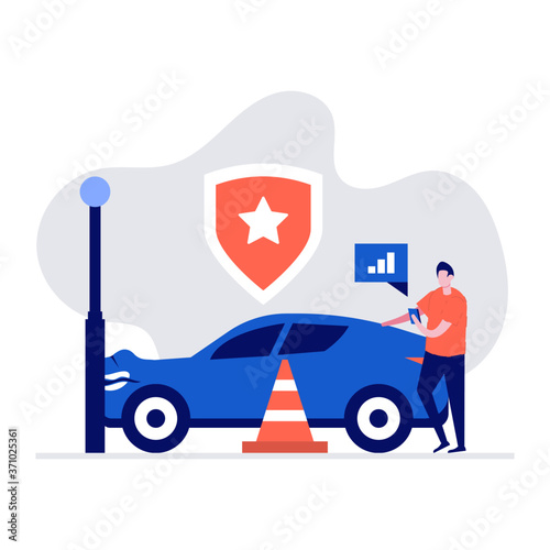Car insurance service concept with characters. Man standing near broken vehicle, car getting accident on the road. Modern vector illustration in flat style for web banner, infographics, hero images