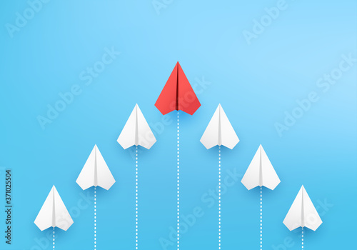Business concept minimal as group of paper plane in one direction and with one individual pointing in different ways for creative innovative solution on 3D render vector. leadership for new ideas.