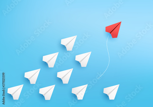 Business concept minimal as group of paper plane in one direction and with one individual pointing in different ways for creative innovative solution on 3D render vector. leadership for new ideas.
