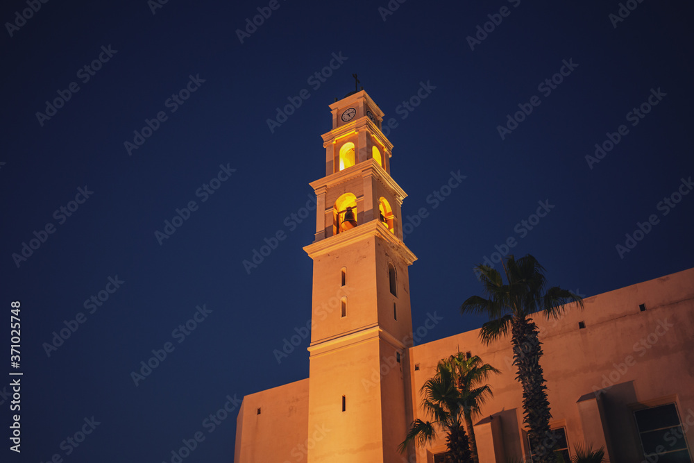 View on St. Peter's Catholic Church in old city of Jaffa, Tel-Aviv, Israel. Night landscape.