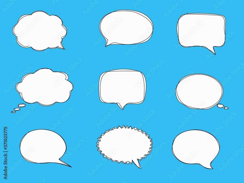 Hand drawn doodle empty white speech bubbles on a blue background Hand drawn doodle empty white speech bubbles on a blue background