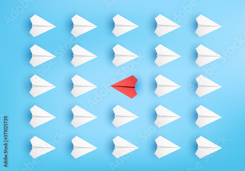 Business concept minimal as group of paper plane in one direction and with one individual pointing in different ways for creative innovative solution on 3D render vector. leadership for new ideas.