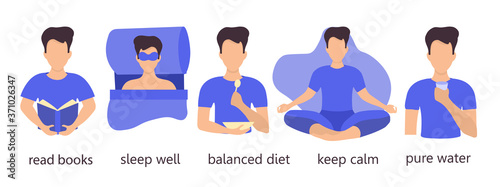 Illustration of a young man leading a healthy lifestyle. Reads books, eats right, drinks water, sleeps enough, meditates. Infographics for presentations and reports. Flat design isolated on white