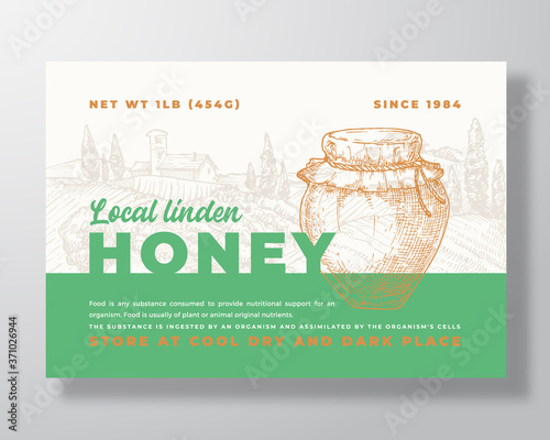 Honey Label Template. Abstract Vector Packaging Design Layout. Modern Typography Banner with Hand Drawn Pot or Jar and Rural Landscape Background.