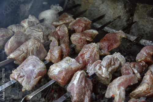 meat, barbecue on coals, over an open fire photo