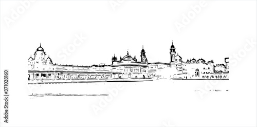 Building view with landmark of Amritsar is a city in the northwestern Indian state of Punjab. Hand drawn sketch illustration in vector.