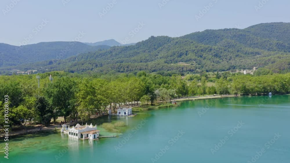 Panoramic aerial over Lake Banyoles and the surrounding Catalan countryside. Panoramic aerial over Lake Banyoles and the surrounding Catalan countryside.