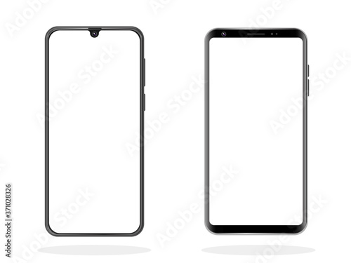High quality realistic trendy frameless smartphone with blank white screen. Mockup phone for visual ui app demonstration. Vector mobile set device concept. Detailed Mockup Smartphone