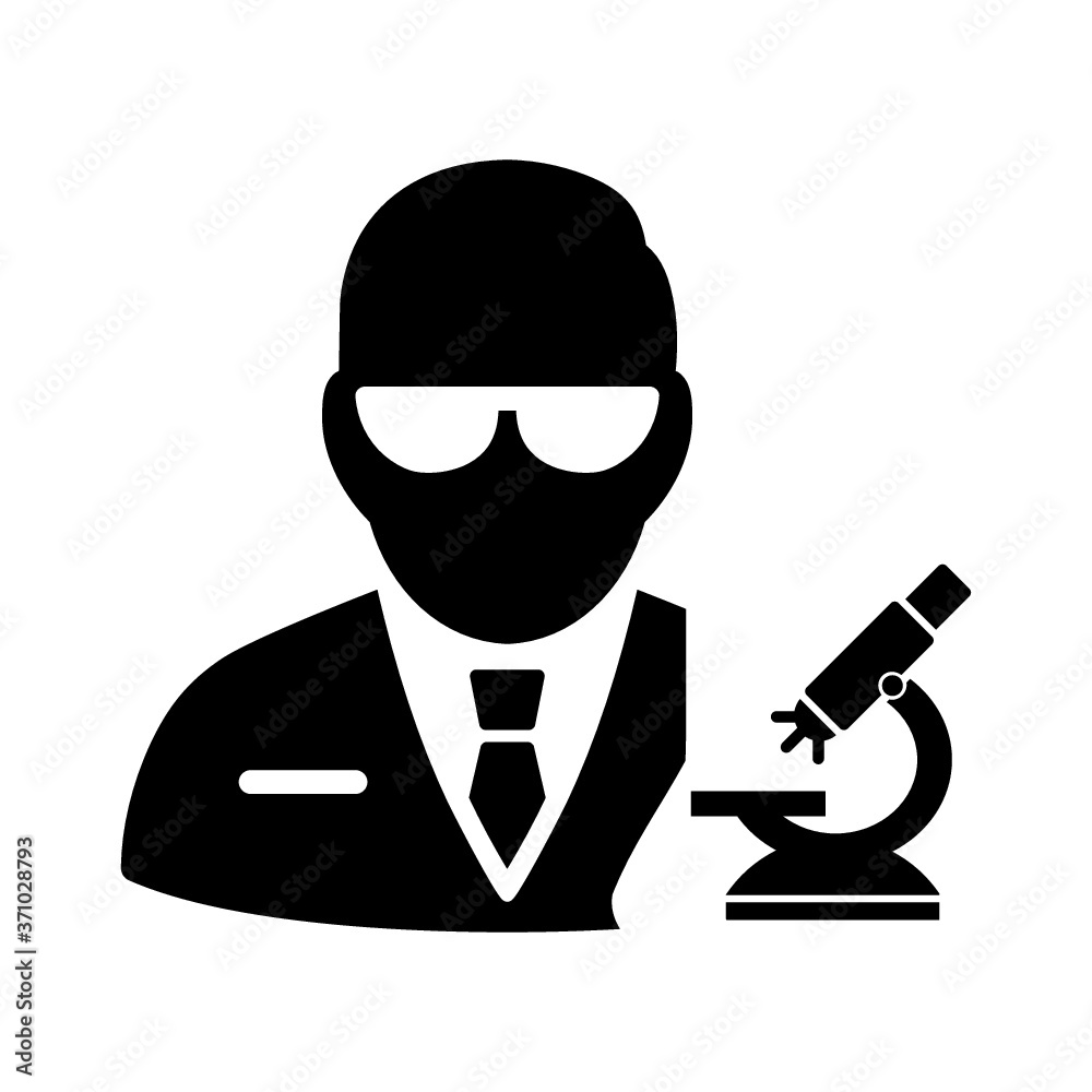 Chemist With Retort long shadow vector icon. Style is a flat light symbol with rounded angles on a blue square background.