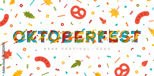 Oktoberfest papercut typography banner or poster with autumn leaves, confetti, pretzel and sausage. German beer festival creative flyer for traditional funfair.