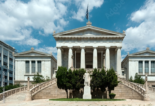 The facade of the main building of the Library of Athens, Greece