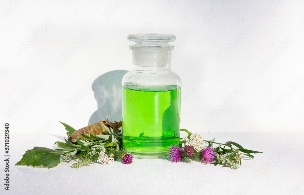 Natural green shampoo from decoctions of useful herbs. In a glass e jar, on a white background, decorated with flowers Natural green shampoo from decoctions of useful herbs. In a glass e jar, on a white background, decorated with flowers