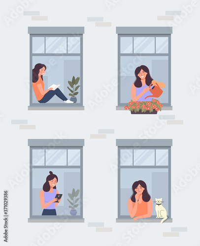 Windows with people. Vector flat illustration