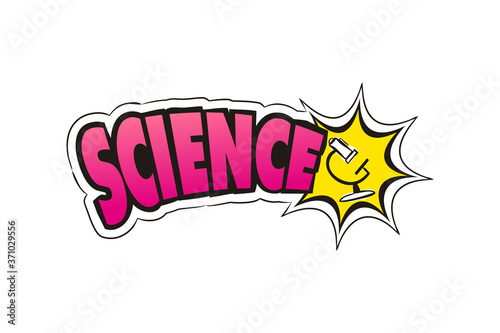 Logo for the Science school subject. Hand-drawn icon of microscope with title. Science emblem in pop art style. Vector illustration for sticker, badge, poster, banner or education project.