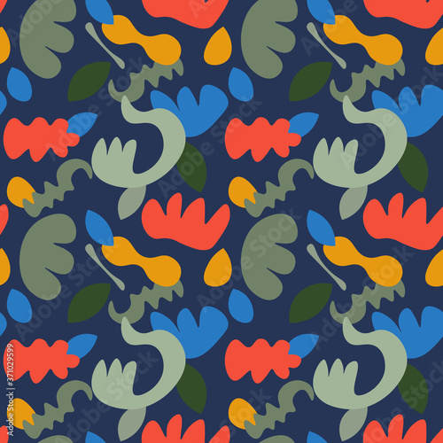 Abstract cartoon seamless pattern with different shapes. Messy background. Vector illustration. 