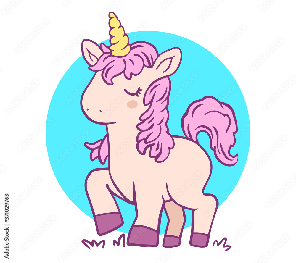 Vector illustration of magic unicorn with pink mane and golden horn on white background.