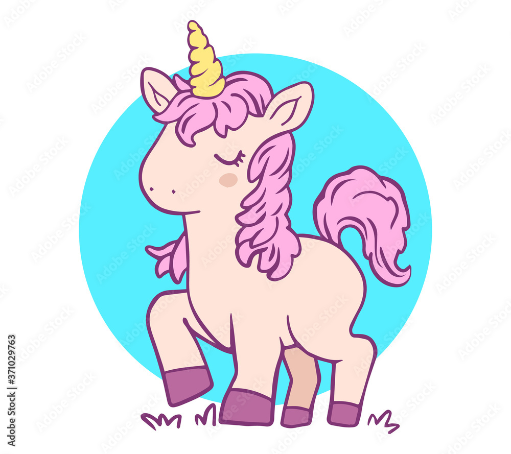 Fototapeta premium Vector illustration of magic unicorn with pink mane and golden horn on white background.
