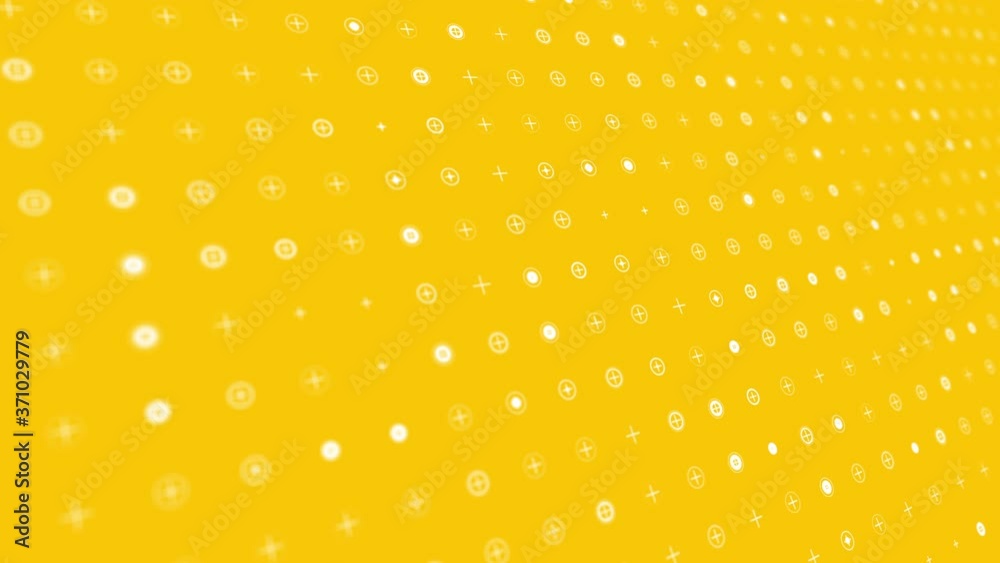 Dynamic animated background with pulsating white circles and crosses on yellow background are changed size with perspective motion. Looping realistic animation. Dynamic animated background with pulsating white circles and crosses on yellow background are changed size with perspective motion. Looping realistic animation.