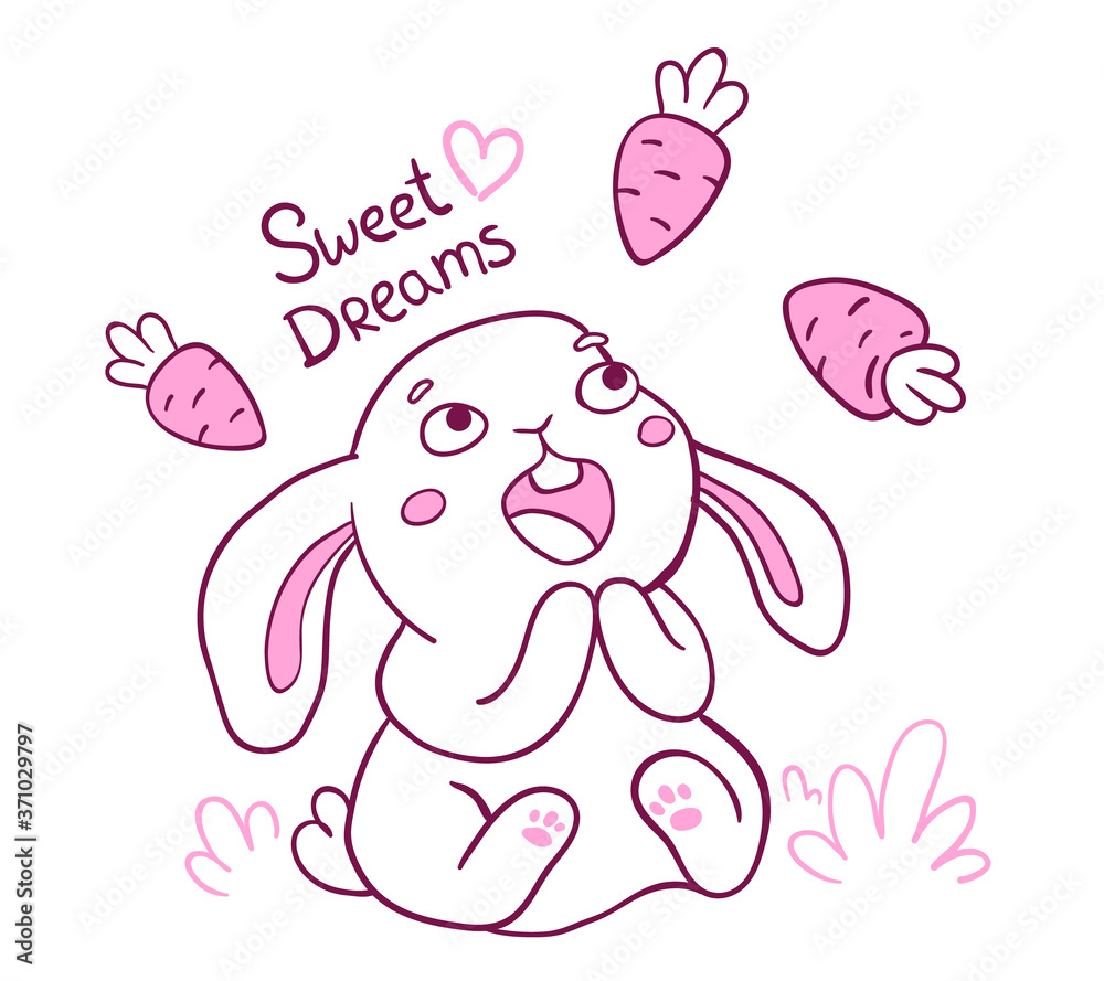 Vector illustration of lovely cartoon white rabbit and falling carrot. Happy little cute bunny with open mouth on white background. Vector illustration of lovely cartoon white rabbit and falling carrot. Happy little cute bunny with open mouth on white background.