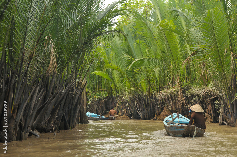 Boat Riding over Ben Tre River, Mekong Delta. - obrazy, fototapety, plakaty 